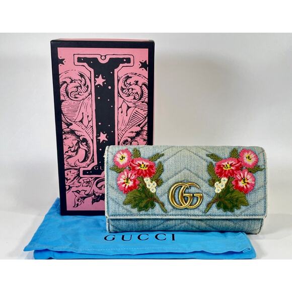Gucci GG Marmont Denim Wallet Flower Flora Authentic W/ Box - Picture 1 of 6